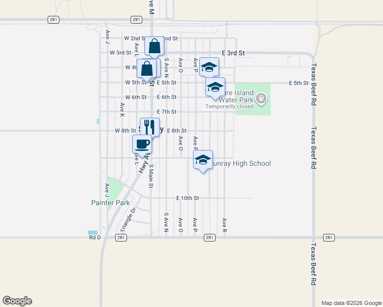 map of restaurants, bars, coffee shops, grocery stores, and more near East 9th Street in Sunray