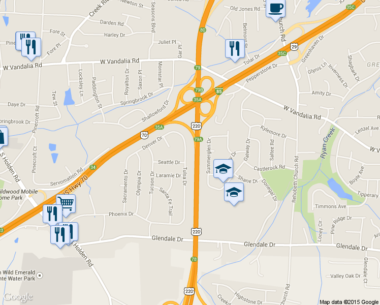 map of restaurants, bars, coffee shops, grocery stores, and more near 4115 Tulsa Drive in Greensboro