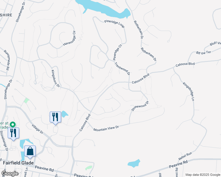 map of restaurants, bars, coffee shops, grocery stores, and more near 220 Catoosa Boulevard in Crossville