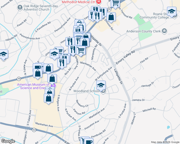 map of restaurants, bars, coffee shops, grocery stores, and more near 107 Marshall Circle in Oak Ridge