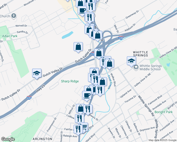 map of restaurants, bars, coffee shops, grocery stores, and more near 131 Faber Street in Knoxville