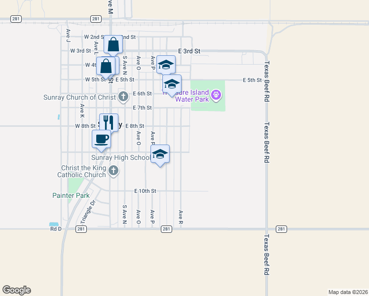 map of restaurants, bars, coffee shops, grocery stores, and more near 801-899 Ave R in Sunray