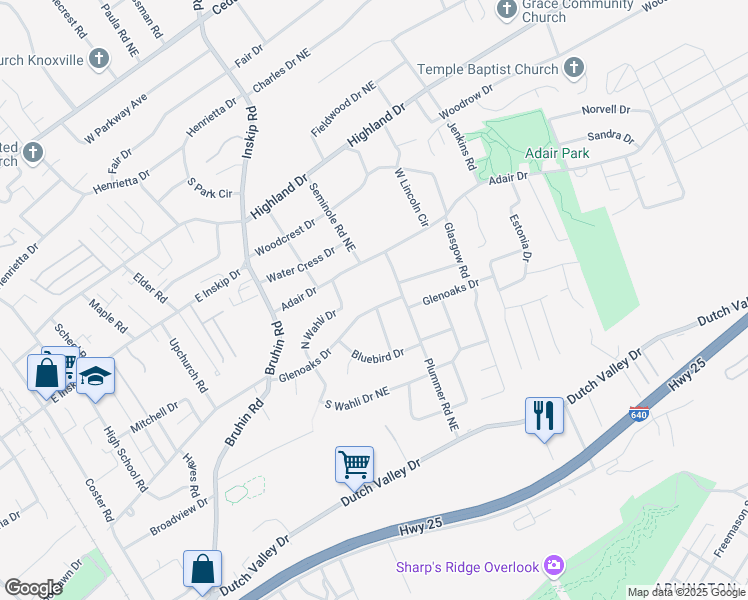map of restaurants, bars, coffee shops, grocery stores, and more near 1221 Glenoaks Drive in Knoxville