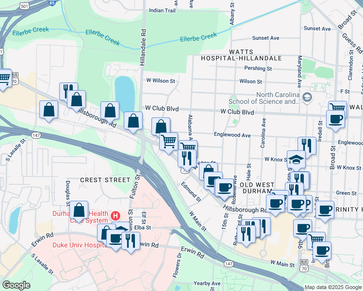 map of restaurants, bars, coffee shops, grocery stores, and more near 2708 Lawndale Avenue in Durham