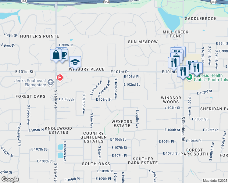 map of restaurants, bars, coffee shops, grocery stores, and more near 5613 East 102nd Street in Tulsa