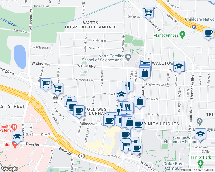map of restaurants, bars, coffee shops, grocery stores, and more near 1013 Virgie Street in Durham