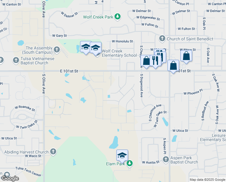map of restaurants, bars, coffee shops, grocery stores, and more near 3722 South Fir Boulevard in Broken Arrow