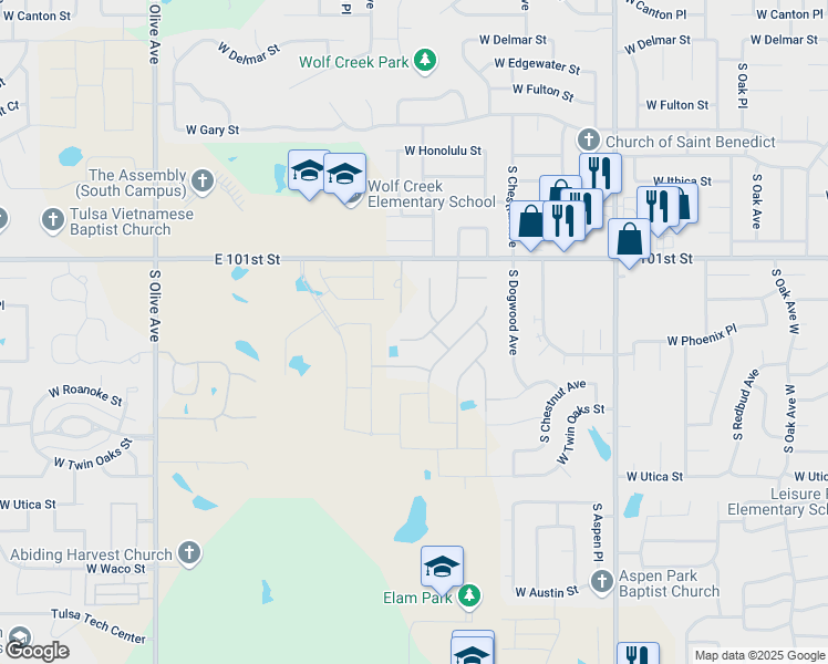 map of restaurants, bars, coffee shops, grocery stores, and more near 3722 South Fir Boulevard in Broken Arrow