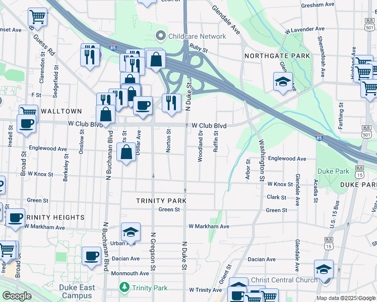 map of restaurants, bars, coffee shops, grocery stores, and more near 1504 North Duke Street in Durham