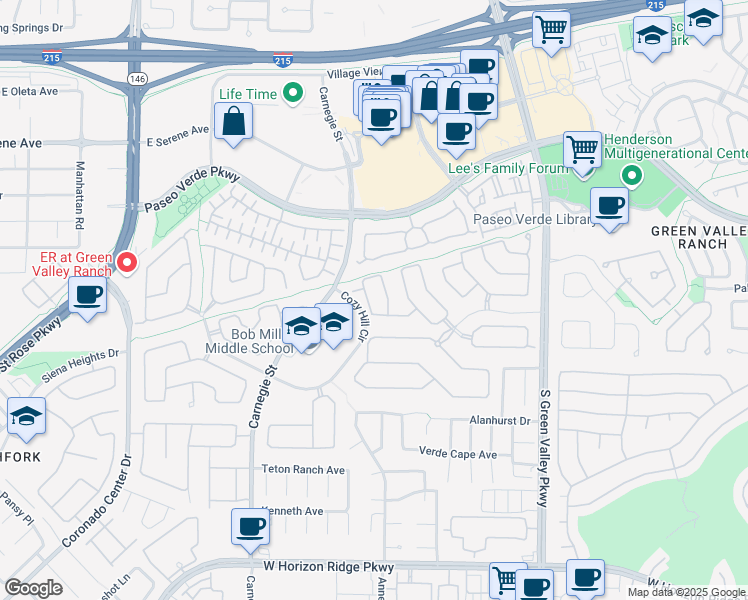 map of restaurants, bars, coffee shops, grocery stores, and more near 283 Queen Creek Circle in Henderson