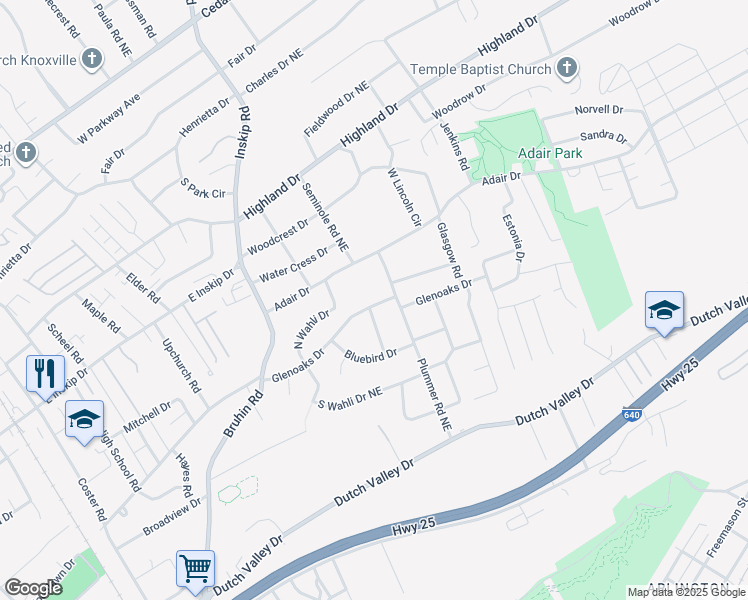 map of restaurants, bars, coffee shops, grocery stores, and more near 1221 Glenoaks Drive in Knoxville