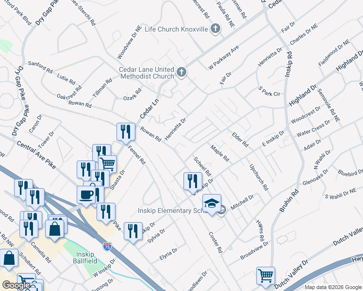 map of restaurants, bars, coffee shops, grocery stores, and more near 4914 Rowan Road in Knoxville