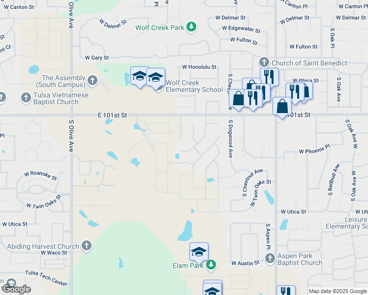 map of restaurants, bars, coffee shops, grocery stores, and more near 3722 South Fir Boulevard in Broken Arrow