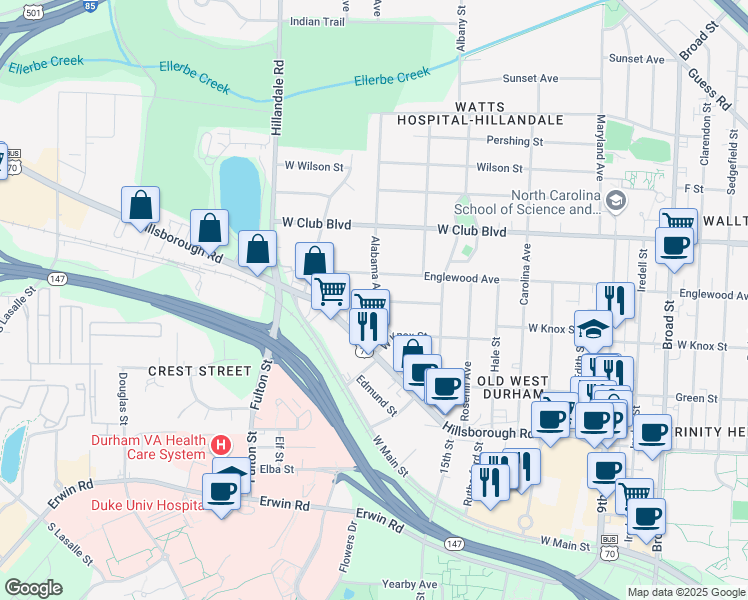 map of restaurants, bars, coffee shops, grocery stores, and more near 2700 Lawndale Avenue in Durham