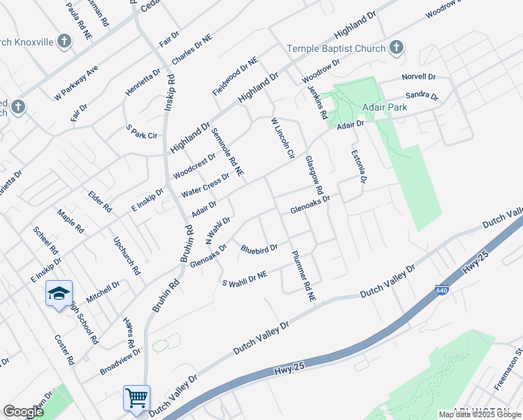 map of restaurants, bars, coffee shops, grocery stores, and more near 1221 Glenoaks Drive in Knoxville