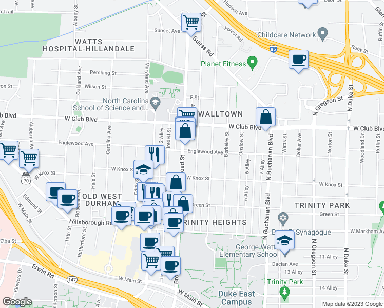 map of restaurants, bars, coffee shops, grocery stores, and more near 1705 Englewood Avenue in Durham