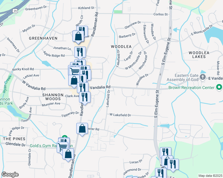 map of restaurants, bars, coffee shops, grocery stores, and more near 227 West Vandalia Road in Greensboro