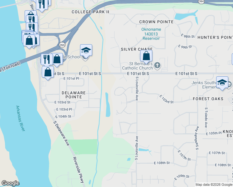 map of restaurants, bars, coffee shops, grocery stores, and more near 3501 East 102nd Place in Tulsa