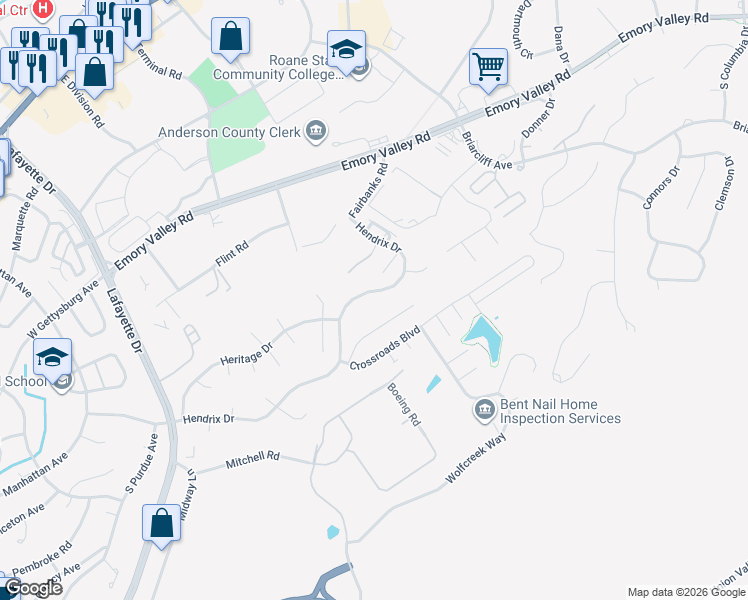 map of restaurants, bars, coffee shops, grocery stores, and more near 168 Hendrix Drive in Oak Ridge