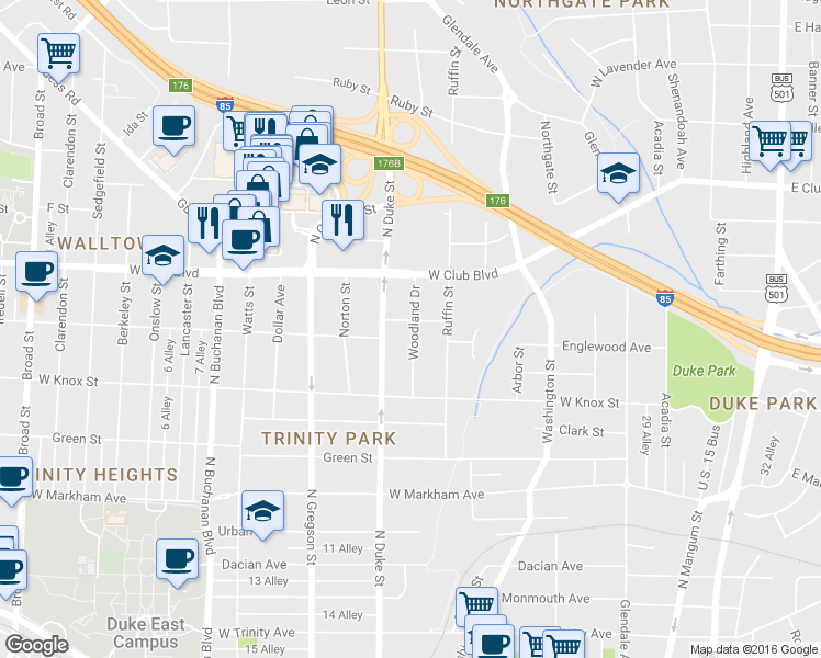 map of restaurants, bars, coffee shops, grocery stores, and more near 801 Englewood Avenue in Durham