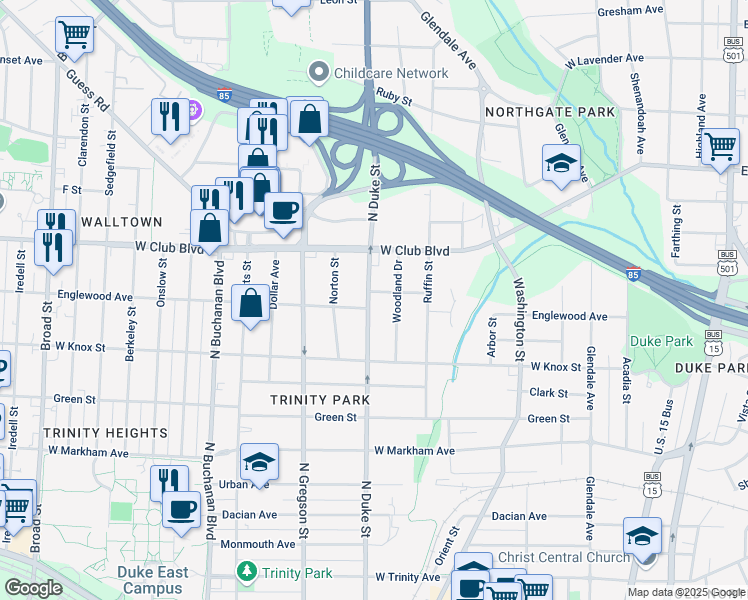 map of restaurants, bars, coffee shops, grocery stores, and more near 1504 North Duke Street in Durham