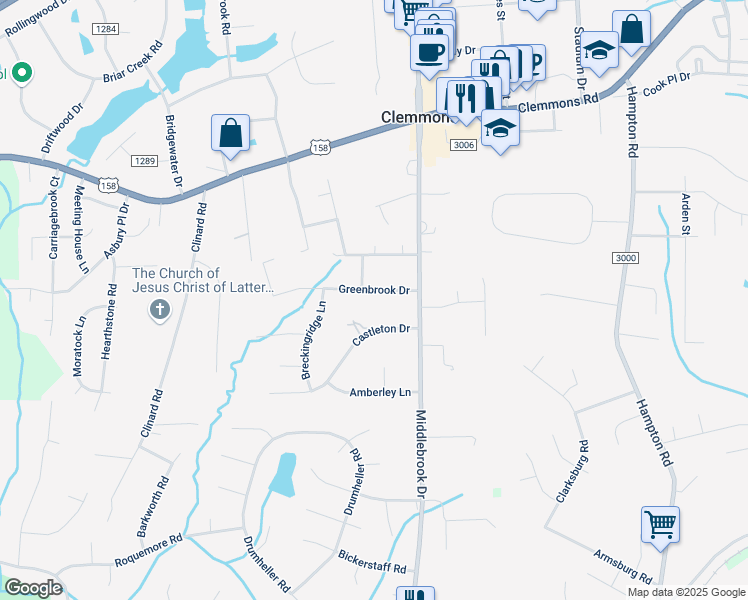 map of restaurants, bars, coffee shops, grocery stores, and more near 6750 Greenbrook Dr in Clemmons