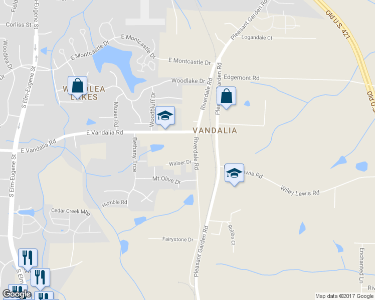 map of restaurants, bars, coffee shops, grocery stores, and more near 3812 Riverdale Road in Greensboro