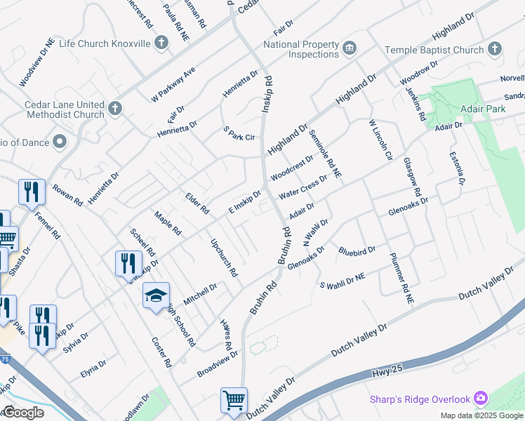 map of restaurants, bars, coffee shops, grocery stores, and more near 905 Hazelbrook Way in Knoxville