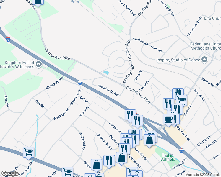 map of restaurants, bars, coffee shops, grocery stores, and more near 5730 Woodale Drive Northwest in Knoxville