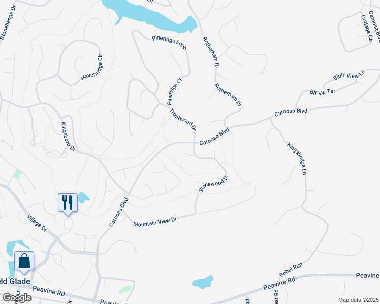 map of restaurants, bars, coffee shops, grocery stores, and more near 105 Stonewood Drive in Crossville