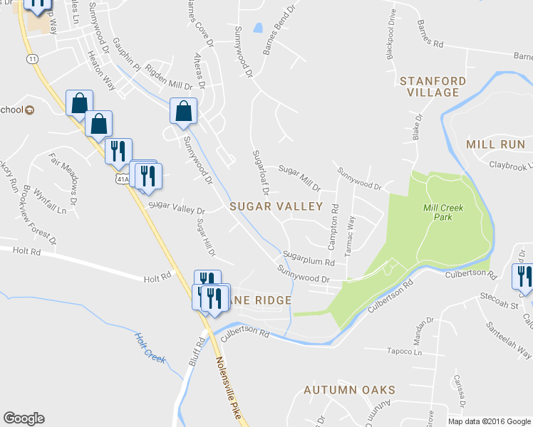 map of restaurants, bars, coffee shops, grocery stores, and more near 7245 Sugarloaf Drive in Nashville