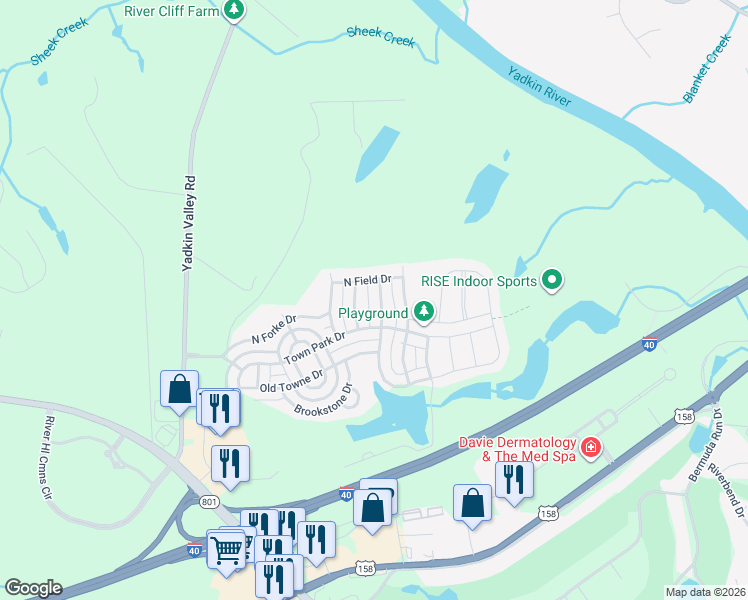 map of restaurants, bars, coffee shops, grocery stores, and more near 223 Bridgewater Drive in Advance