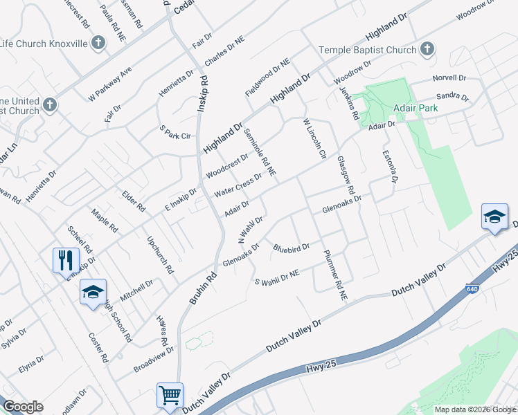 map of restaurants, bars, coffee shops, grocery stores, and more near 4533 North Wahli Drive in Knoxville