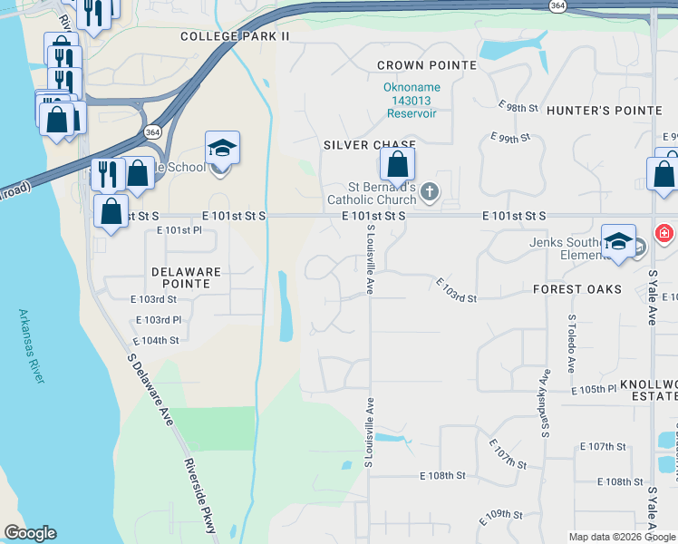 map of restaurants, bars, coffee shops, grocery stores, and more near 10203 South Knoxville Avenue in Tulsa