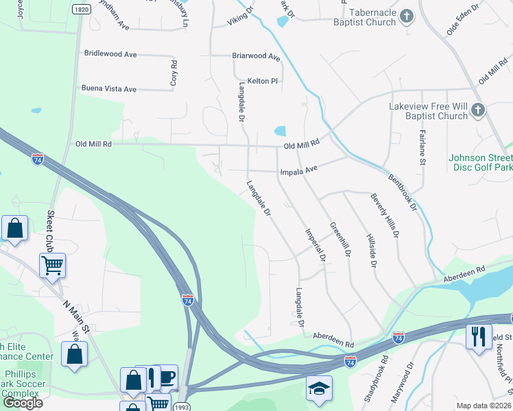map of restaurants, bars, coffee shops, grocery stores, and more near 3521 Langdale Drive in High Point