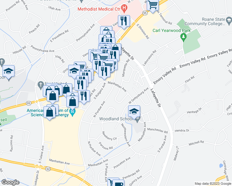 map of restaurants, bars, coffee shops, grocery stores, and more near 108 Marshall Circle in Oak Ridge