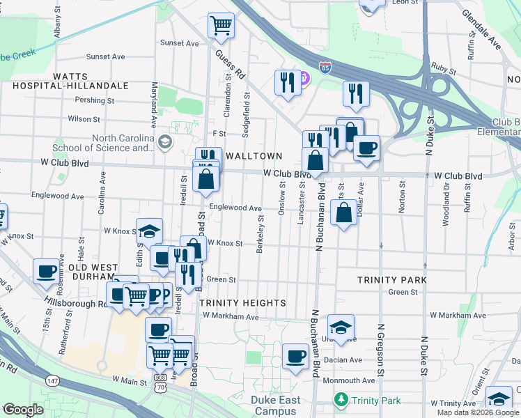 map of restaurants, bars, coffee shops, grocery stores, and more near 1023 Onslow Street in Durham