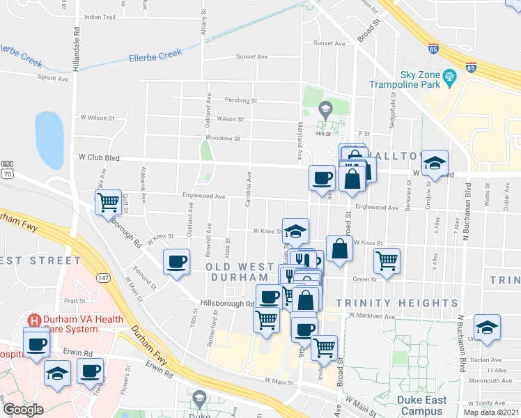 map of restaurants, bars, coffee shops, grocery stores, and more near 1012 Virgie Street in Durham