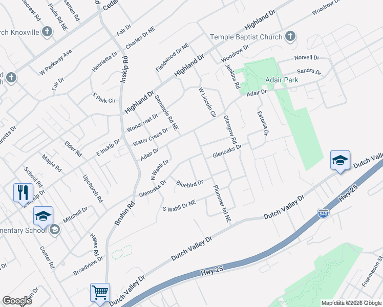 map of restaurants, bars, coffee shops, grocery stores, and more near 1221 Glenoaks Drive in Knoxville