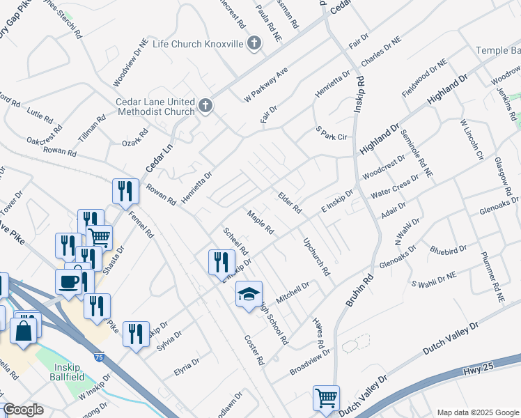 map of restaurants, bars, coffee shops, grocery stores, and more near 4829 Maple Sunset Way in Knoxville