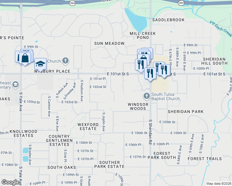 map of restaurants, bars, coffee shops, grocery stores, and more near 10156 South Maplewood Avenue in Tulsa