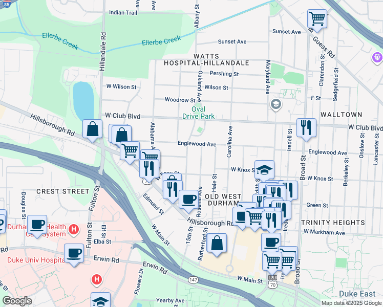 map of restaurants, bars, coffee shops, grocery stores, and more near 1038 Oakland Avenue in Durham