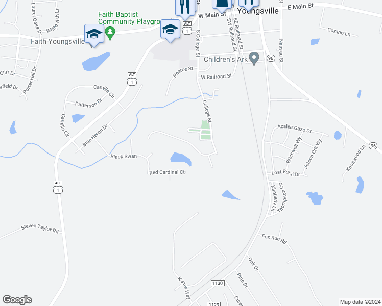 map of restaurants, bars, coffee shops, grocery stores, and more near 203 Country Brook Lane in Youngsville