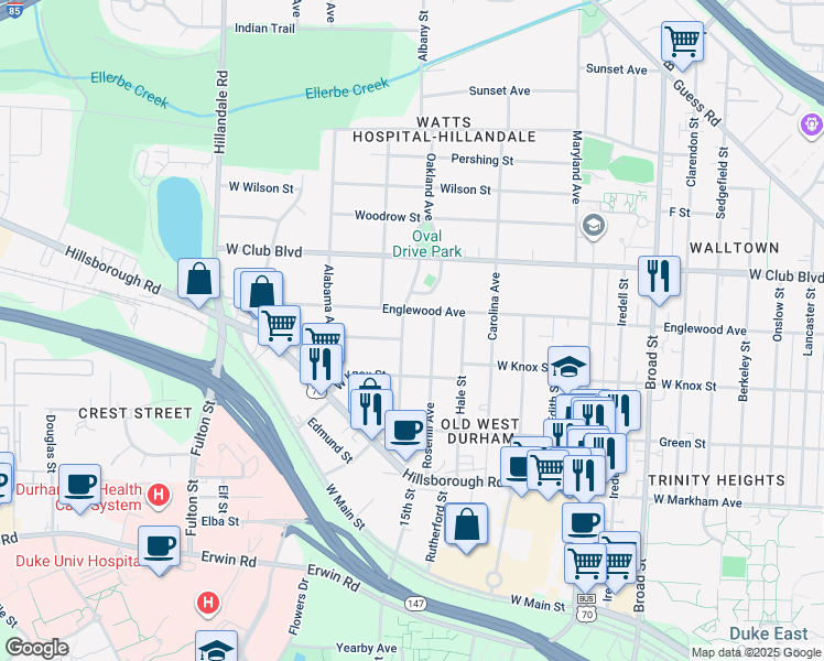 map of restaurants, bars, coffee shops, grocery stores, and more near 1038 Oakland Avenue in Durham