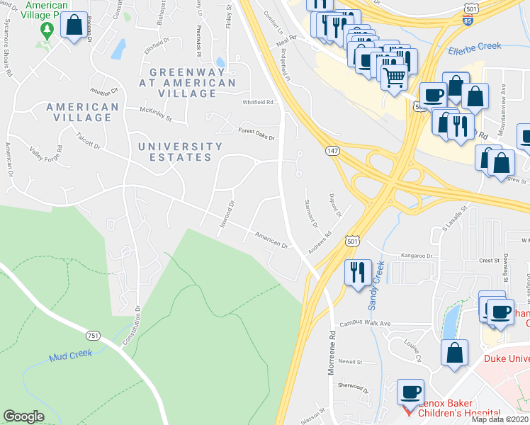 map of restaurants, bars, coffee shops, grocery stores, and more near 3921 Linden Terrace in Durham