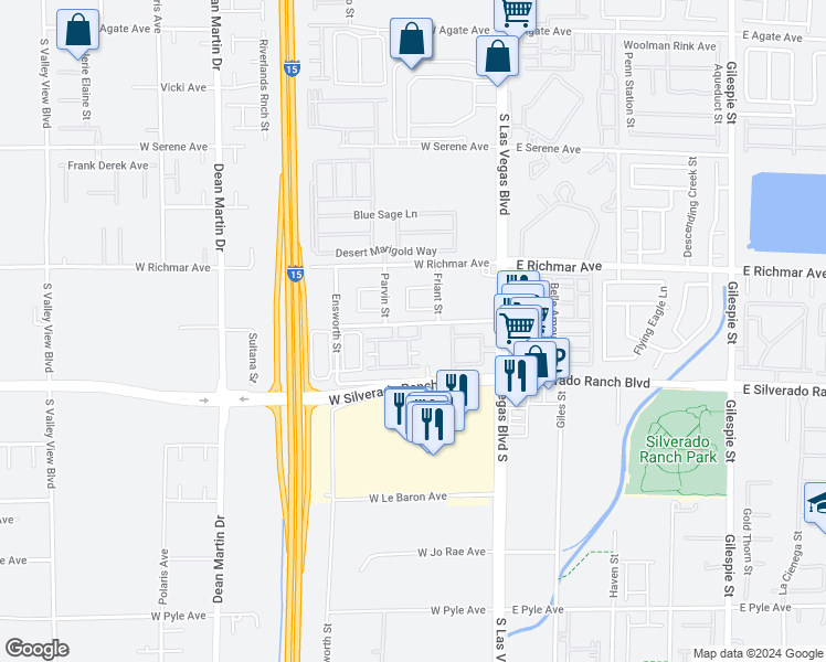 map of restaurants, bars, coffee shops, grocery stores, and more near 2615 West Gary Avenue in Las Vegas