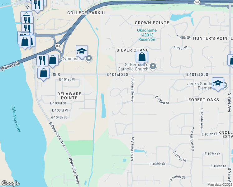 map of restaurants, bars, coffee shops, grocery stores, and more near 3517 East 102nd Place in Tulsa