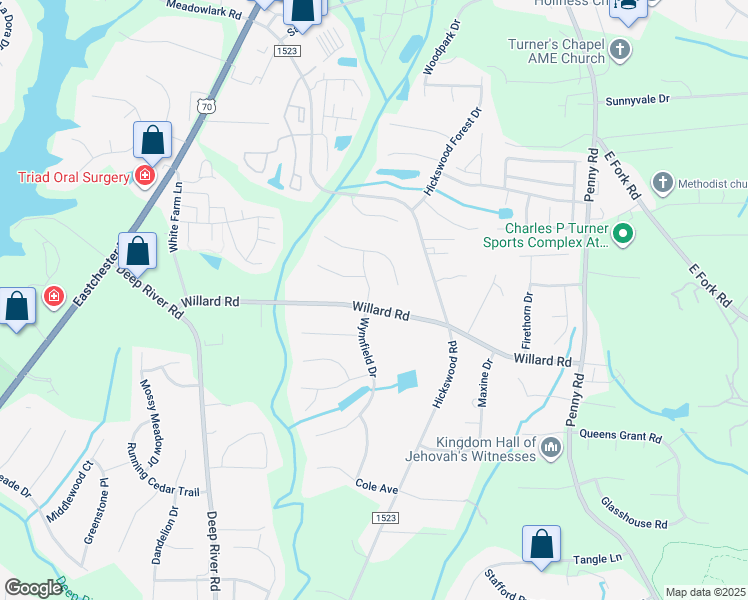 map of restaurants, bars, coffee shops, grocery stores, and more near 2501 Willard Road in High Point