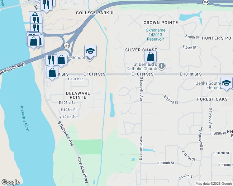 map of restaurants, bars, coffee shops, grocery stores, and more near 3501 East 102nd Place in Tulsa