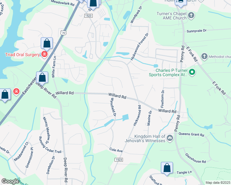 map of restaurants, bars, coffee shops, grocery stores, and more near 2501 Willard Road in High Point